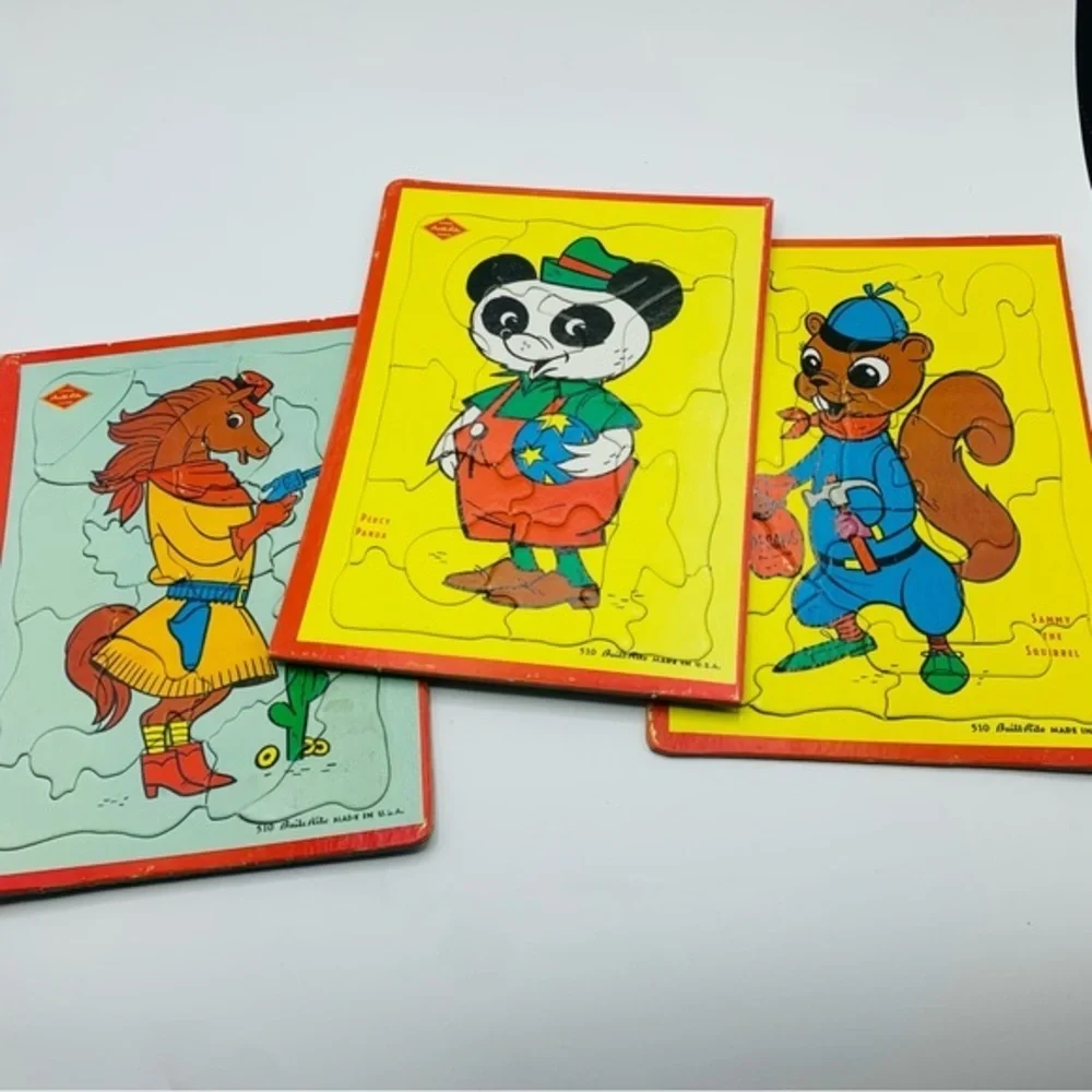 Vintage Built-Rite Animal Tray Puzzles – Set of 3 (Percy Panda, Sammy Squirrel)